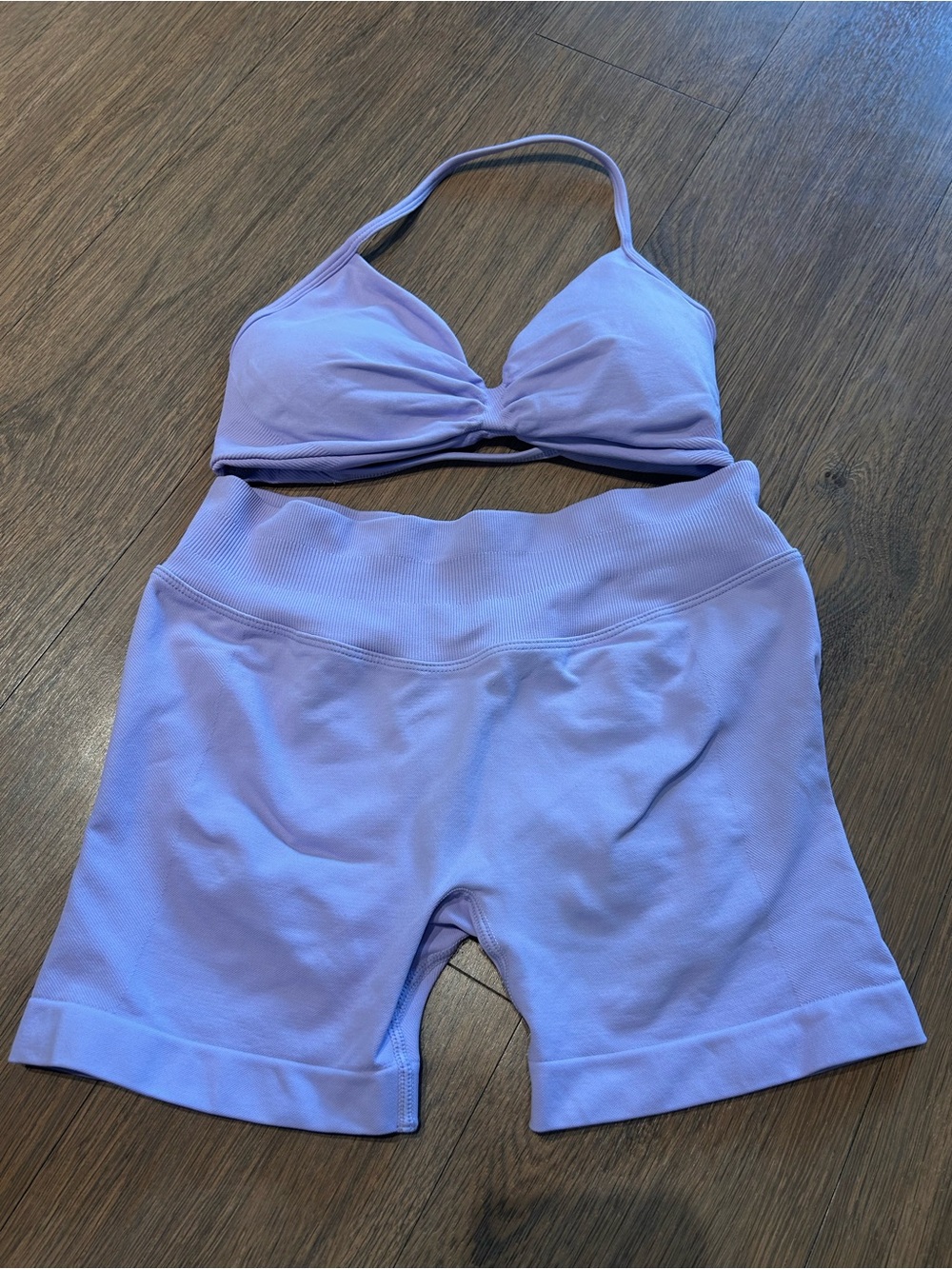 Lavender Ribbed Bralette & High-Waist Bike Shorts Set